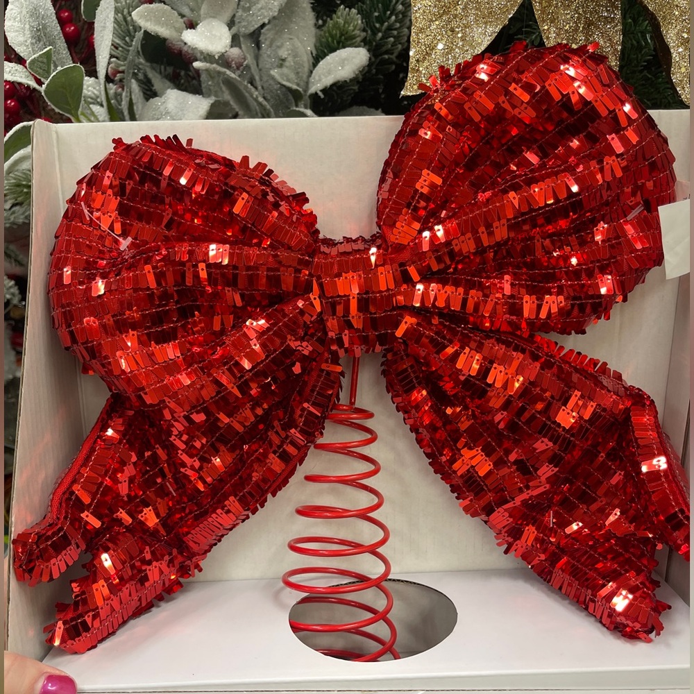 Red Bow Sequin Ribbon Christmas Tree Topper Bella Lux NWT